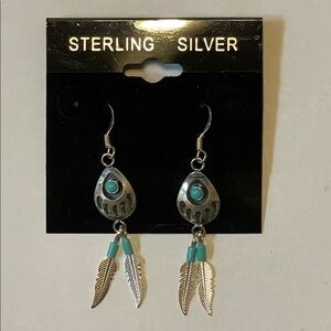 Sterling Silver Navajo Shadowbox Bear Paw Turquoise Feather Dangle Earrings